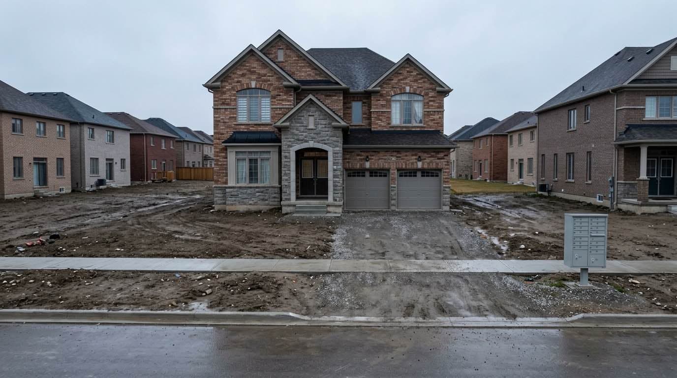 A just-completed brick and stone house on a new GTA subdivision street with the front yard still bare graded dirt and no driveway poured — finished enough to live in, and not yet assessed as a house.