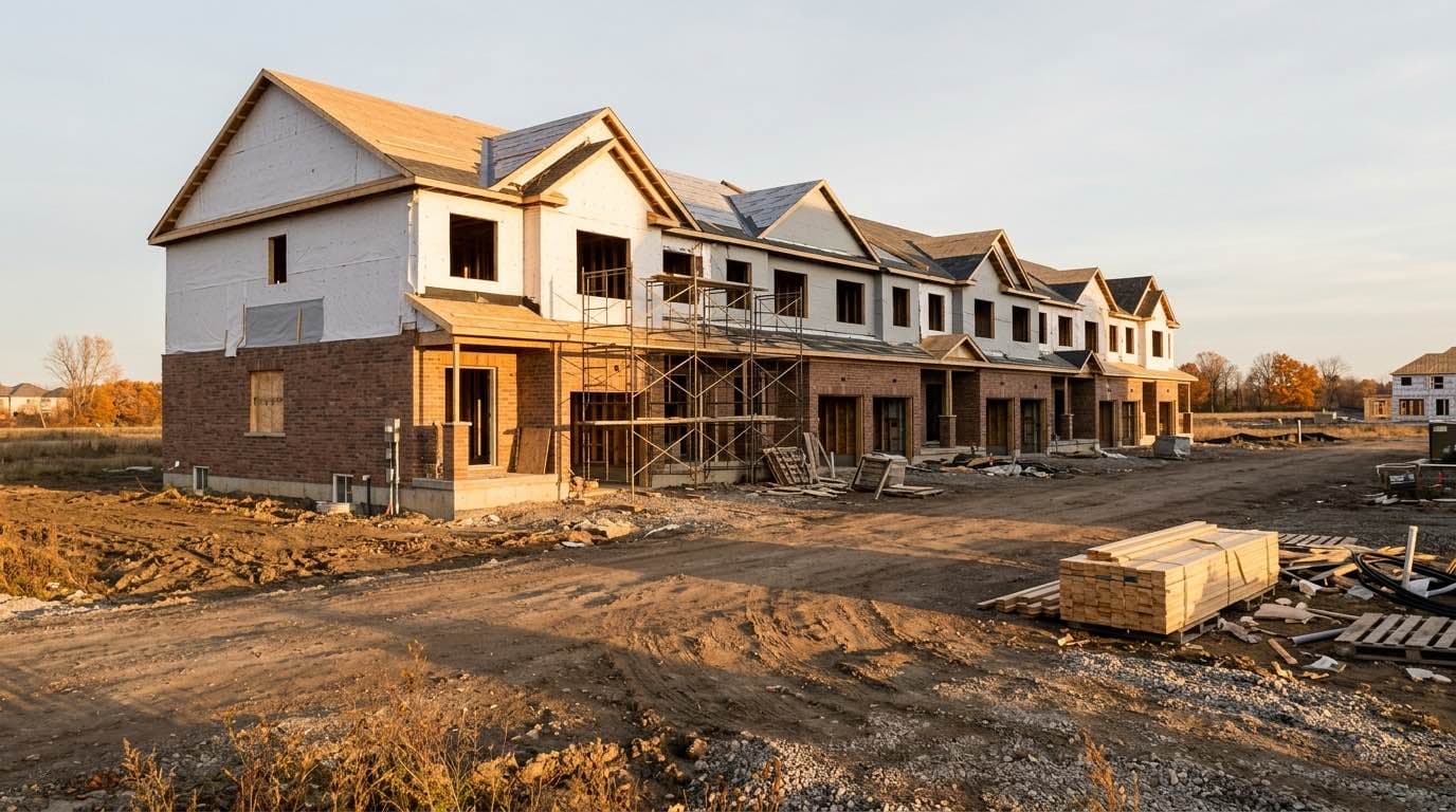 A row of half-built pre-construction townhouses on a new Brampton subdivision street at golden hour — the kind of purchase where the agreement date, not the closing date, decides the rebate.