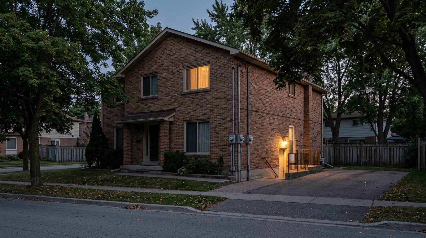 A two-storey brick house on a mature Mississauga street at dusk, with a separate side entrance down to a lower unit and a second hydro meter on the wall beside it.