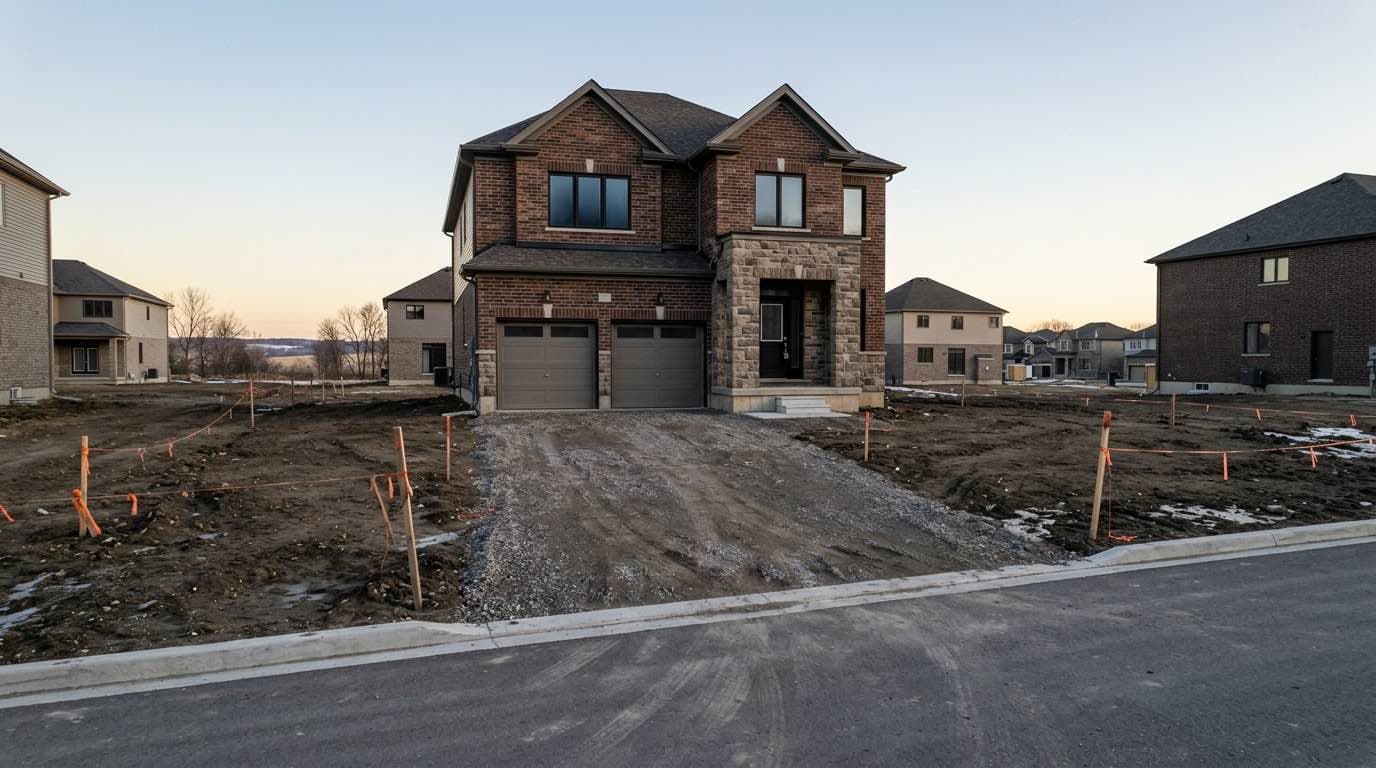 A just-completed detached brick and stone house on a new GTA subdivision street at first light, its driveway still gravel and its front yard bare graded soil strung with orange surveyor line — the stage at which a buyer has signed a builder's agreement and has nothing else yet.
