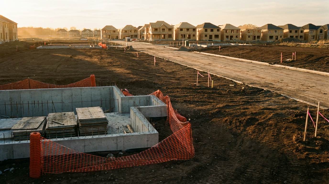 A poured concrete basement foundation ringed with orange snow fencing on a graded GTA subdivision lot at golden hour, the road laid and a row of framed houses already standing behind it — the stage at which a buyer has paid a deposit and has nothing yet to show for it.