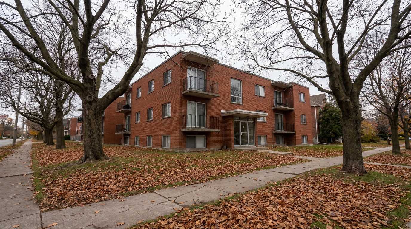 A three-storey mid-century brick walk-up on a quiet Ontario street in late autumn — the kind of older rental stock where the provincial rent increase guideline still applies.