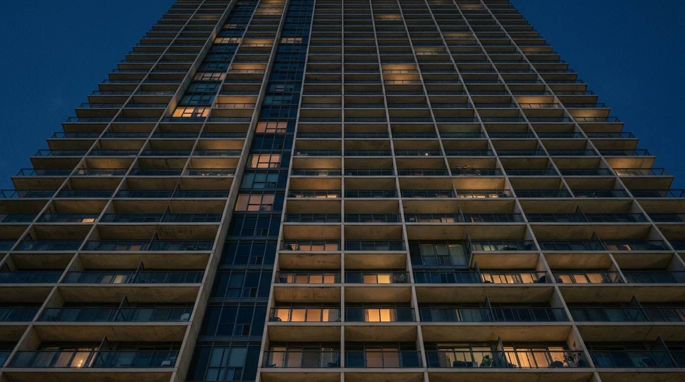 The balcony face of a Toronto condominium tower at dusk, some units lit and many dark — occupancy is what the annual declaration asks about, and silence is treated as vacancy.