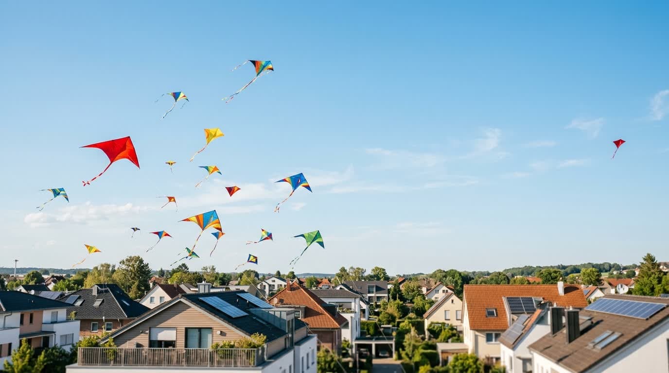 Dozens of bright kites flying at different heights against a clear blue sky over the rooftops of a residential neighbourhood on Uttarayan.