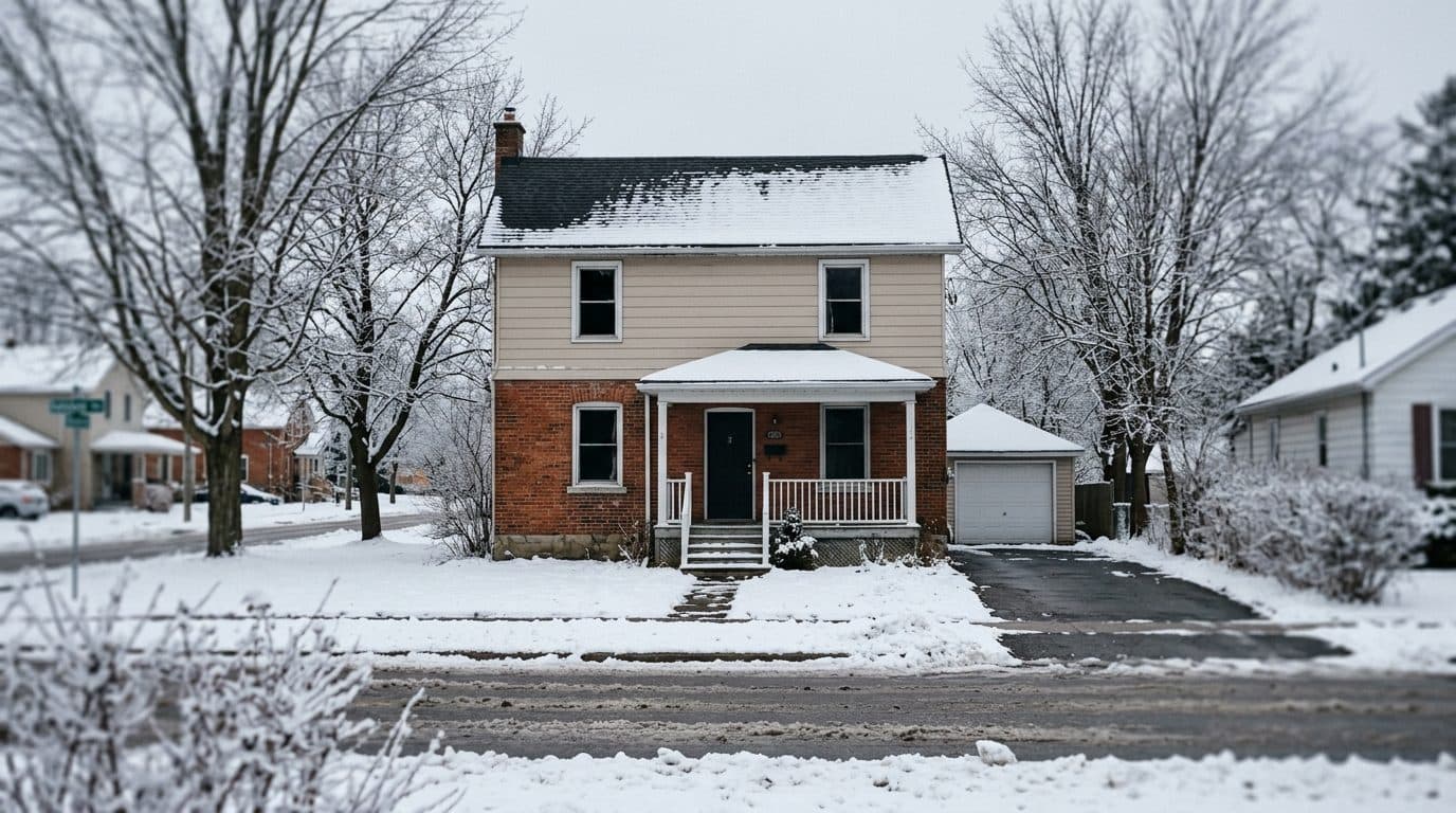 A vacant Ontario house in winter with an empty driveway and bare windows.