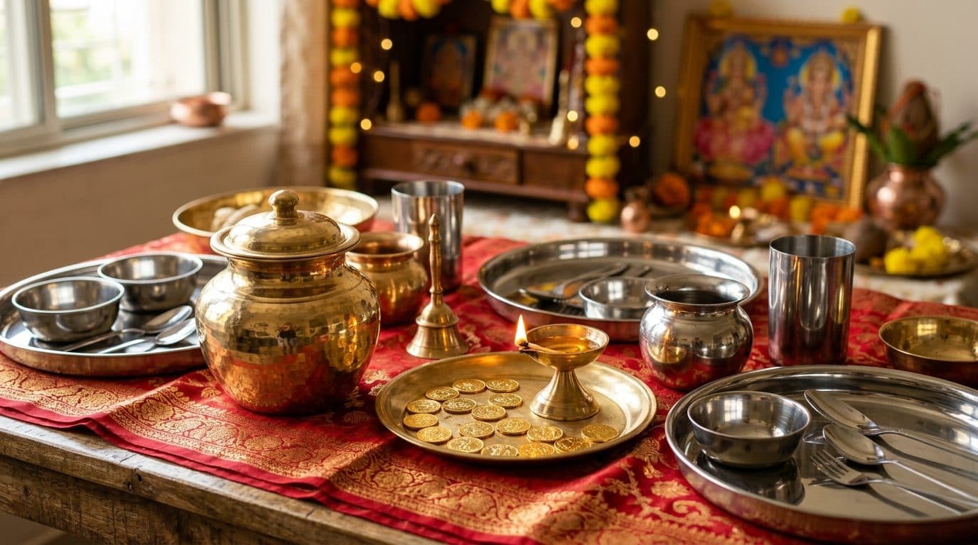 New brass and steel vessels and gold coins laid on red silk for Dhanteras.