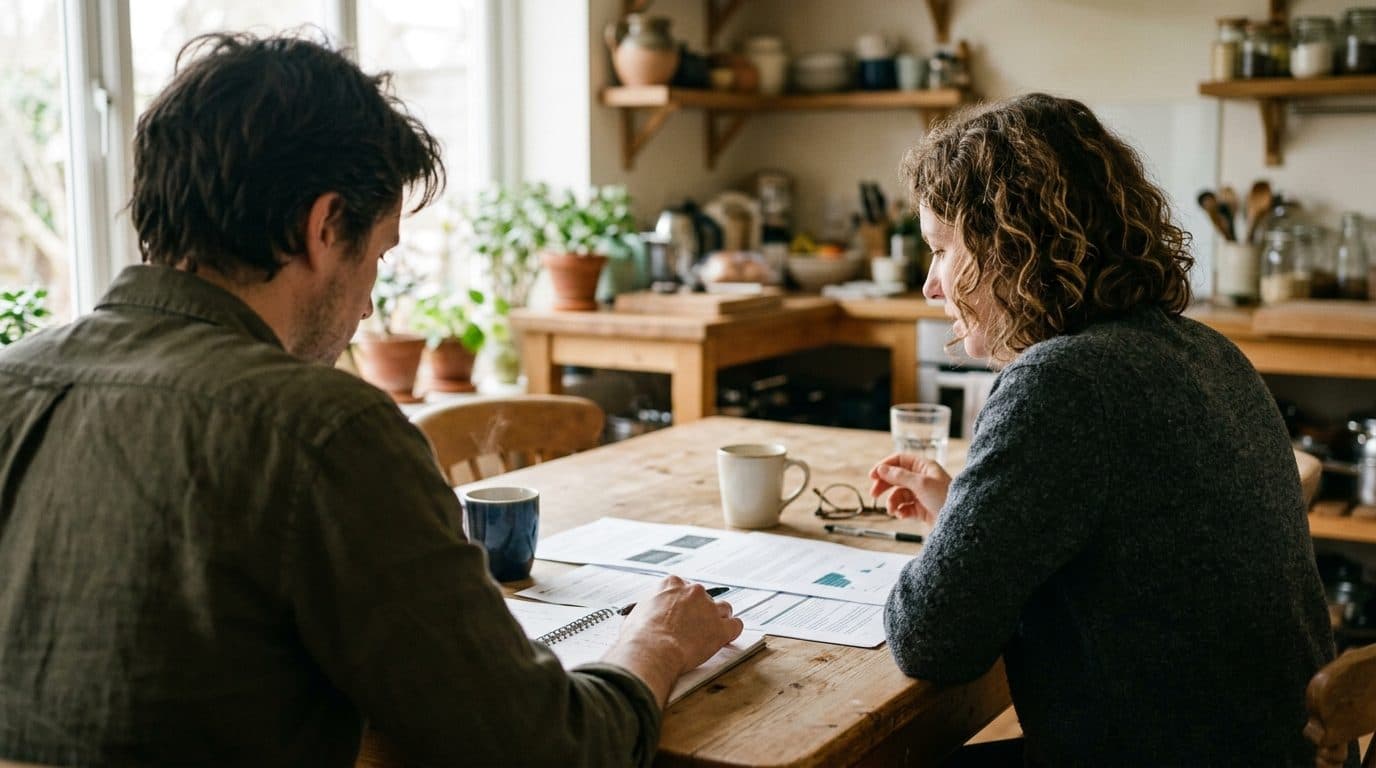 Two people going through printed paperwork together at a kitchen table.