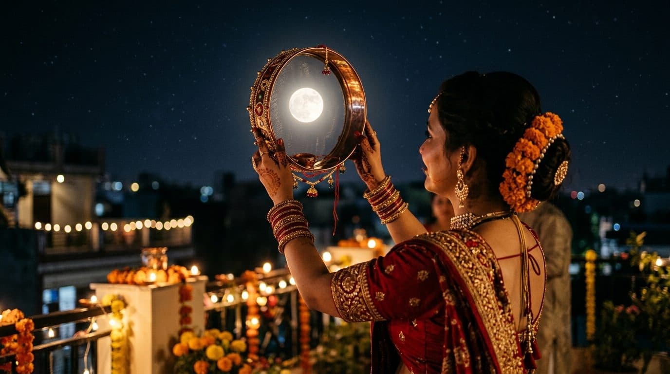 A decorated sieve raised to the full moon on Karva Chauth.