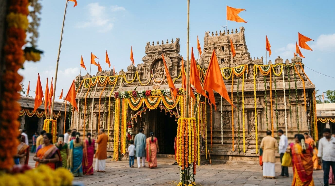 A Hindu temple dressed in fresh flowers and saffron flags for Ram Navami.