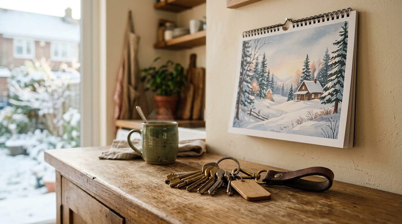 A wall calendar and a set of house keys on a kitchen counter in winter light.