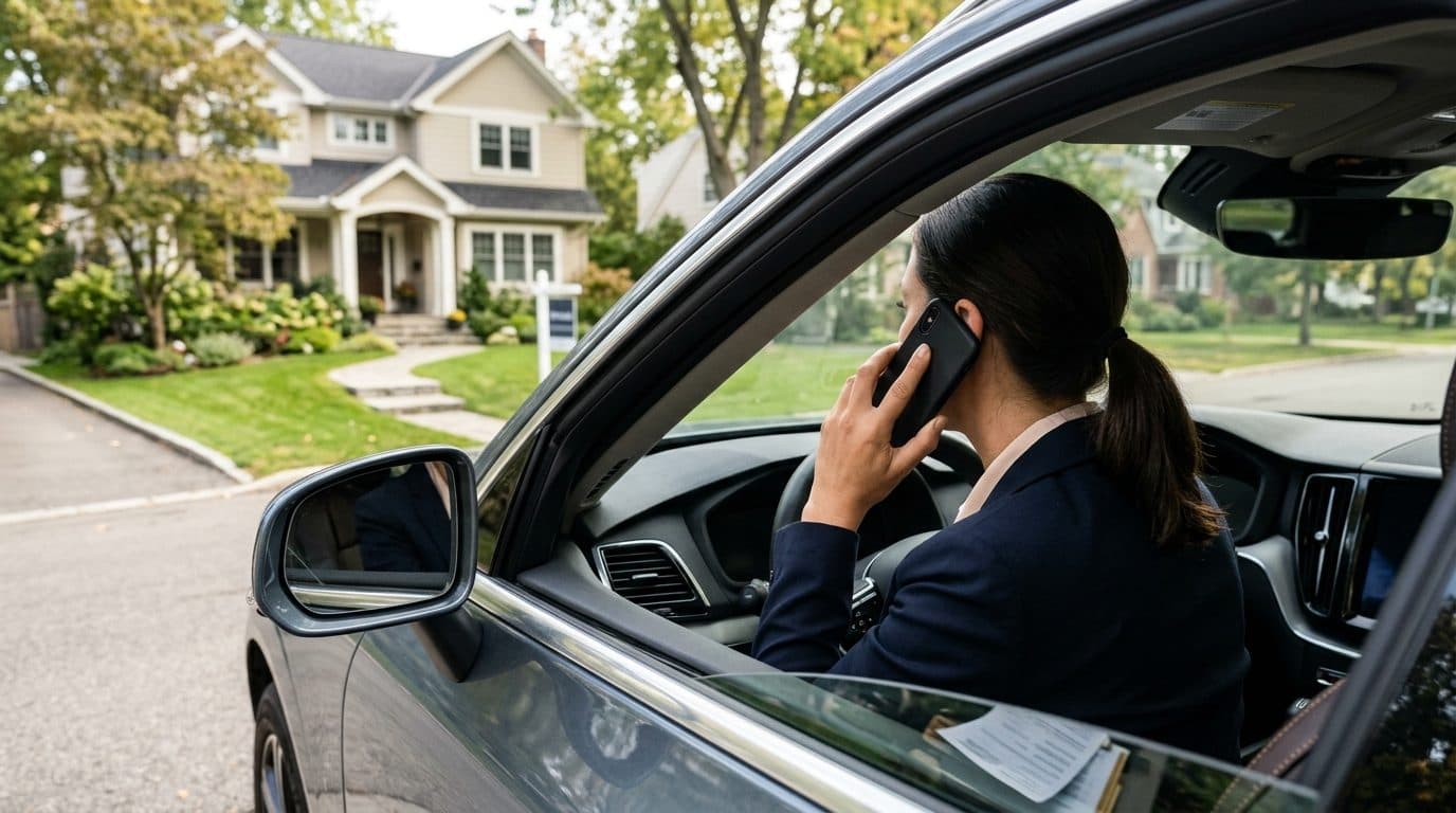 A real estate agent taking a call from a parked car outside a suburban listing.