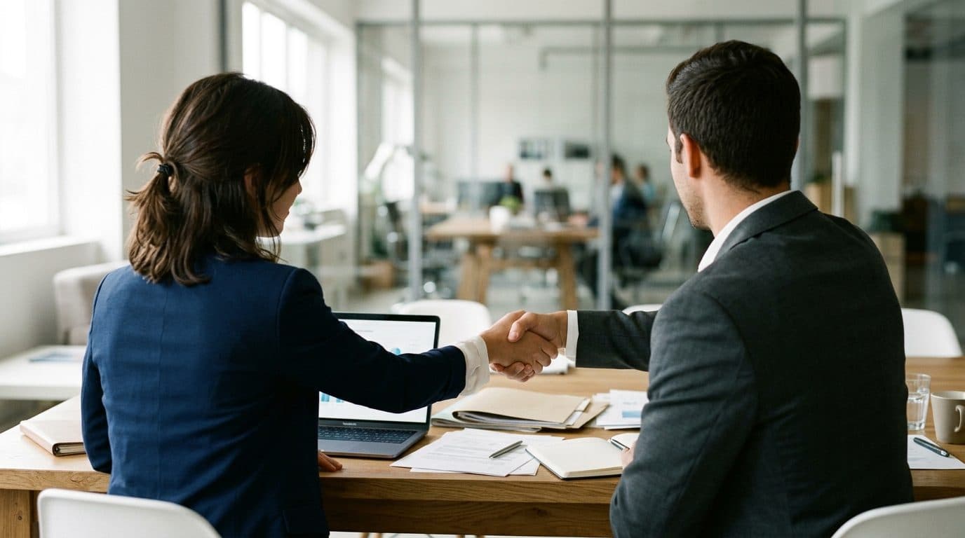 Two people shaking hands across a table of documents at the close of a meeting.